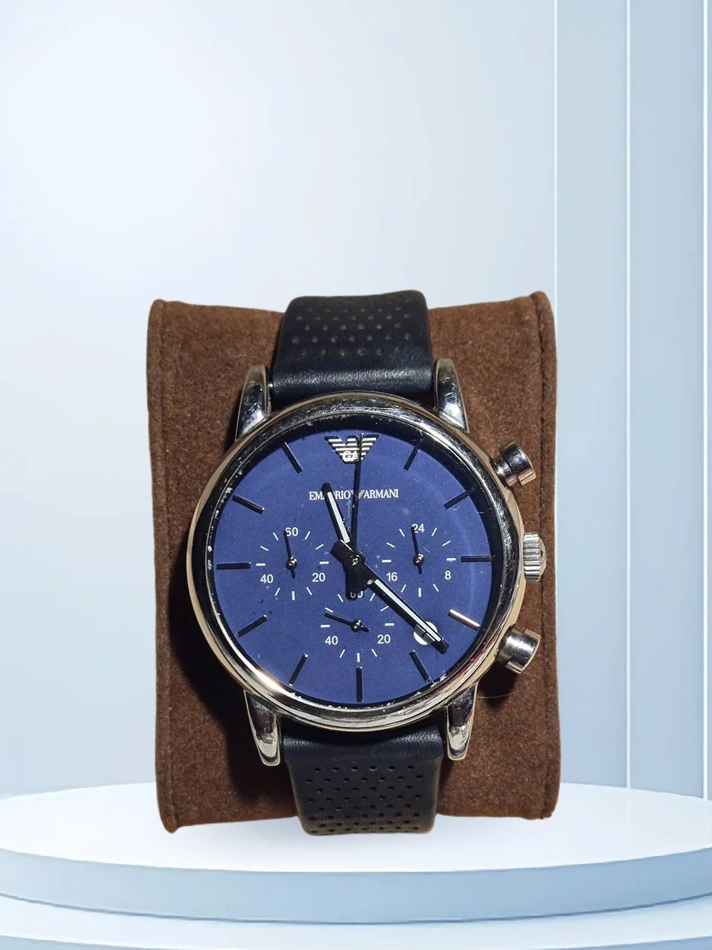 Emporio Armani Men’s Blue Dial Chronograph Watch with Black Leather Strap